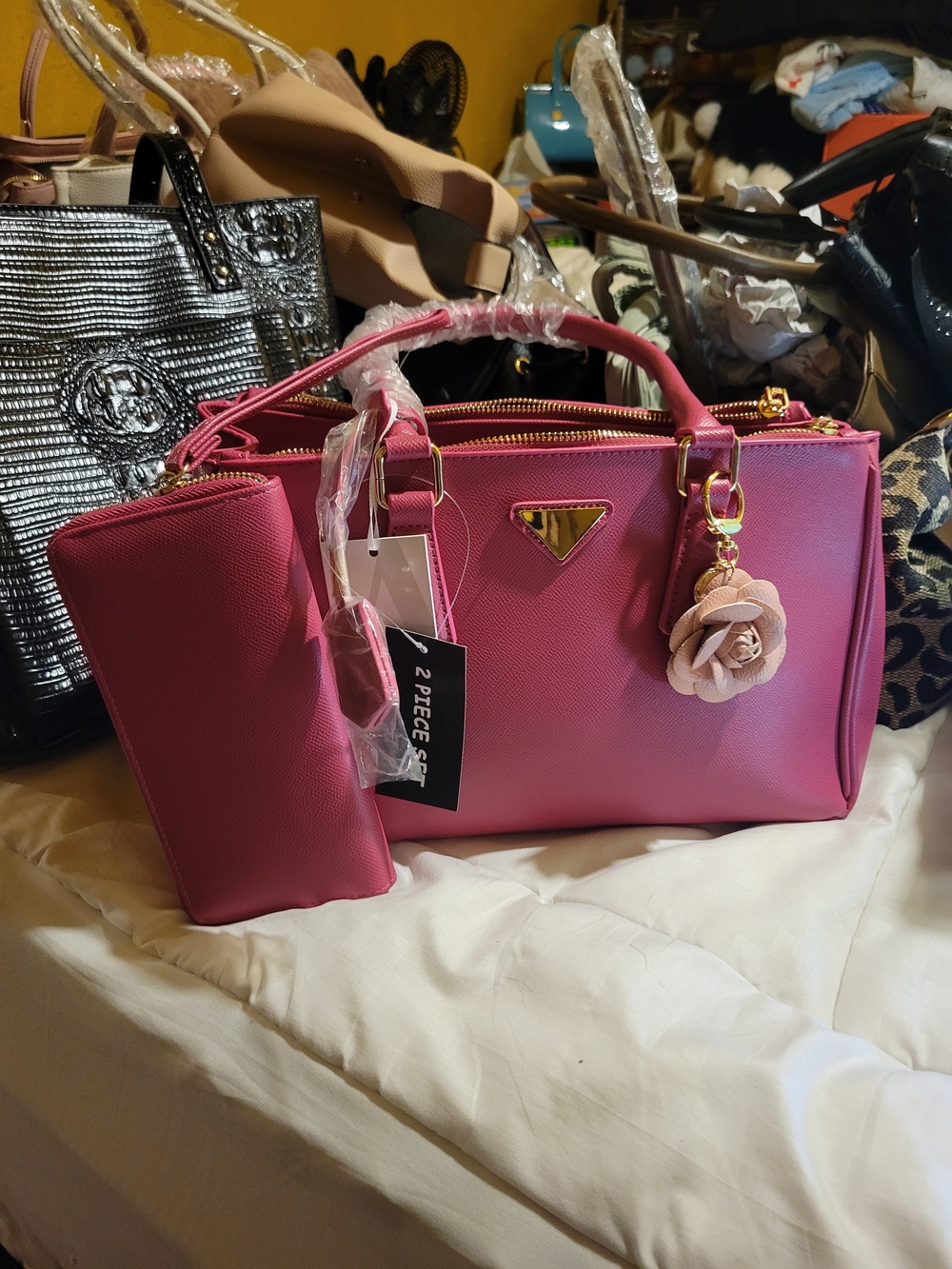Pink Floral Charm Satchel Handbag with Matching Wallet